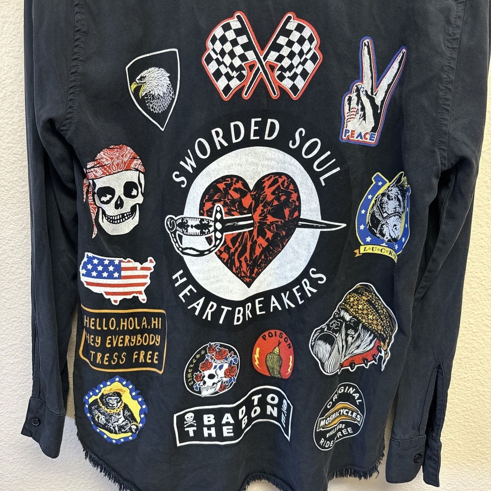 Lauren Moshi XS Sworded Soul Heartbreakers Blouse Raw Hem Goth Skulls Bikers